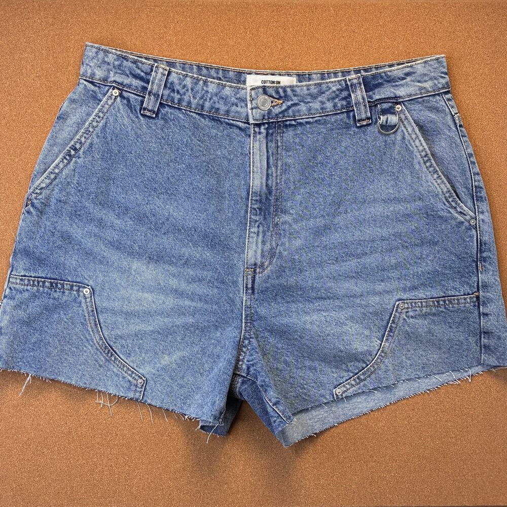 Cotton On Panelled Denim Carpenter Shorts Blue Utility Y2K Raw Hem Size 10
